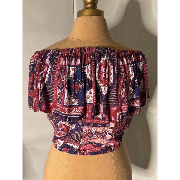 Hollister Off Shoulder Crop Peasant Boho Top XS Cherry Girl Americana Festival - Picture 1 of 9